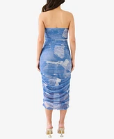 Women's Printed Denim Midi Mesh Ruche Tube Dress