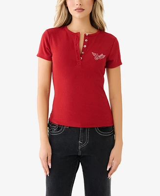 Women's Short Sleeve Crystal Retro Henley Top