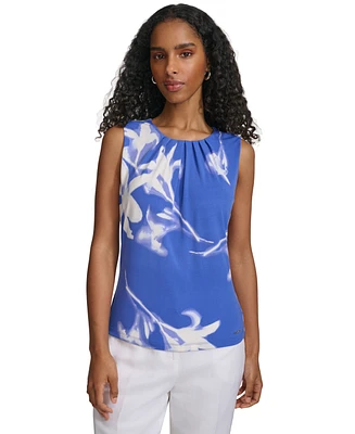 Calvin Klein Women's Floral-Print Pleated-Neck Sleeveless Top