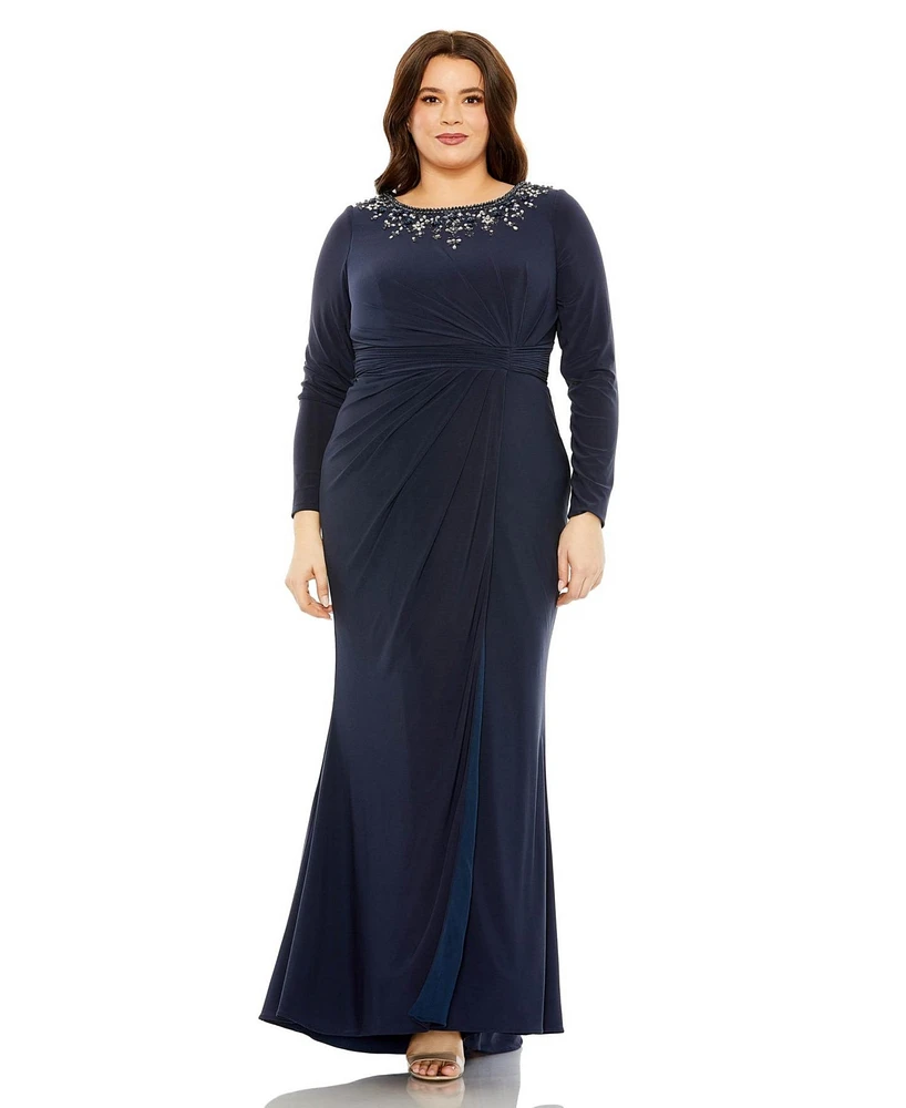 Mac Duggal Plus Long Sleeve Embellished Neckline Jersey Gown