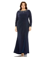 Mac Duggal Plus Long Sleeve Embellished Neckline Jersey Gown