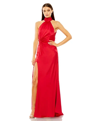Mac Duggal Women's Open Back High Neck Side Ruched Gown
