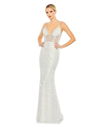 Mac Duggal Women's Embellished Plunge Neck Sleeveless Trumpet Gown