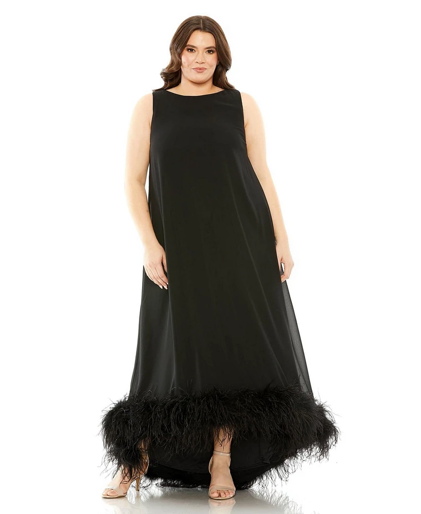 Mac Duggal Plus High Neck Feather Hem Gown