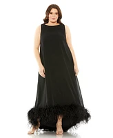 Mac Duggal Plus High Neck Feather Hem Gown