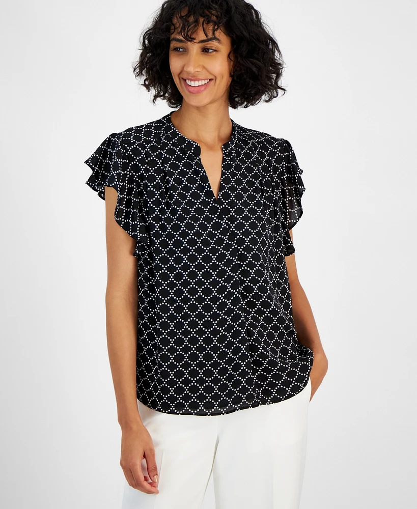 T Tahari Women's Printed Split-Neck Flutter-Sleeve Top