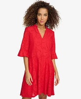 kensie Women's Cotton Eyelet Bell-Sleeve High-Low Dress