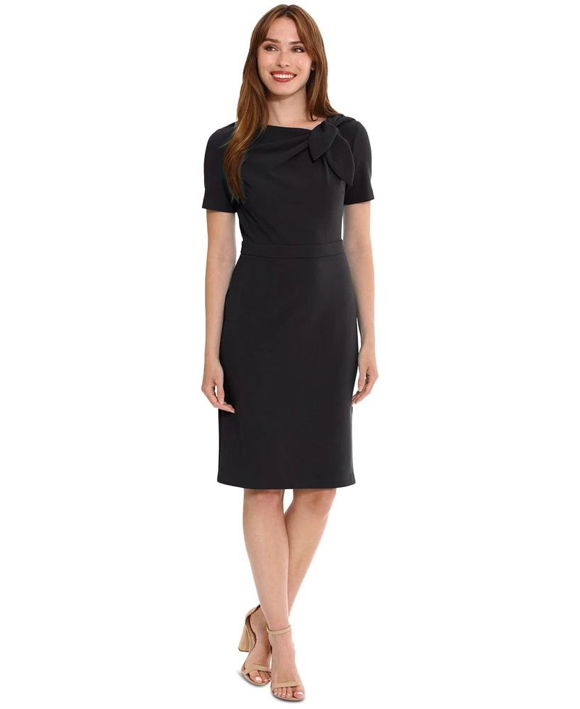 London Times Petite Solid Bow-Neck Short-Sleeve Sheath Dress