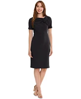 London Times Petite Solid Bow-Neck Short-Sleeve Sheath Dress