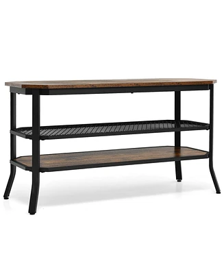 Slickblue 3-tier Console Table Tv Stand with Mesh Storage Shelf-Rustic Brown