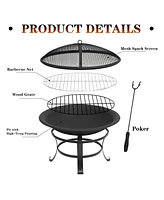 26" Outdoor All-Season Portable Steel Fire Pits Fire Places with Spark Screen, Barbecue Net, Poke