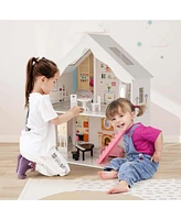 Costway Kids Wooden Dollhouse Semi-Opened Diy Playset with Simulated Rooms & Furniture
