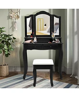 Slickblue 4 Drawers Wood Mirrored Vanity Dressing Table with Stool