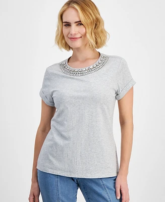 I.n.c. International Concepts Petite Cotton Rhinestone-Neck Top, Created for Macy's