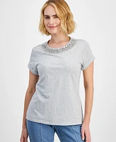 I.n.c. International Concepts Petite Cotton Rhinestone-Neck Top, Created for Macy's