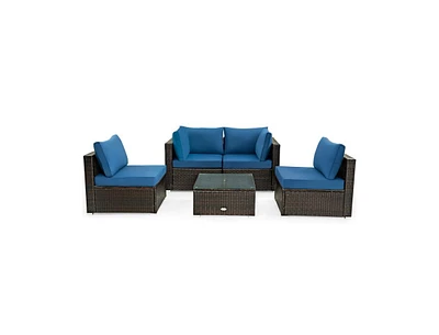 Slickblue 5 Pieces Cushioned Patio Rattan Furniture Set with Glass Table