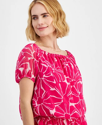 I.n.c. International Concepts Petite Printed Puff-Sleeve Top, Created for Macy's