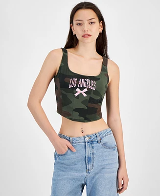 Grayson Threads, The Label Juniors' Cropped Camo-Print Graphic Top