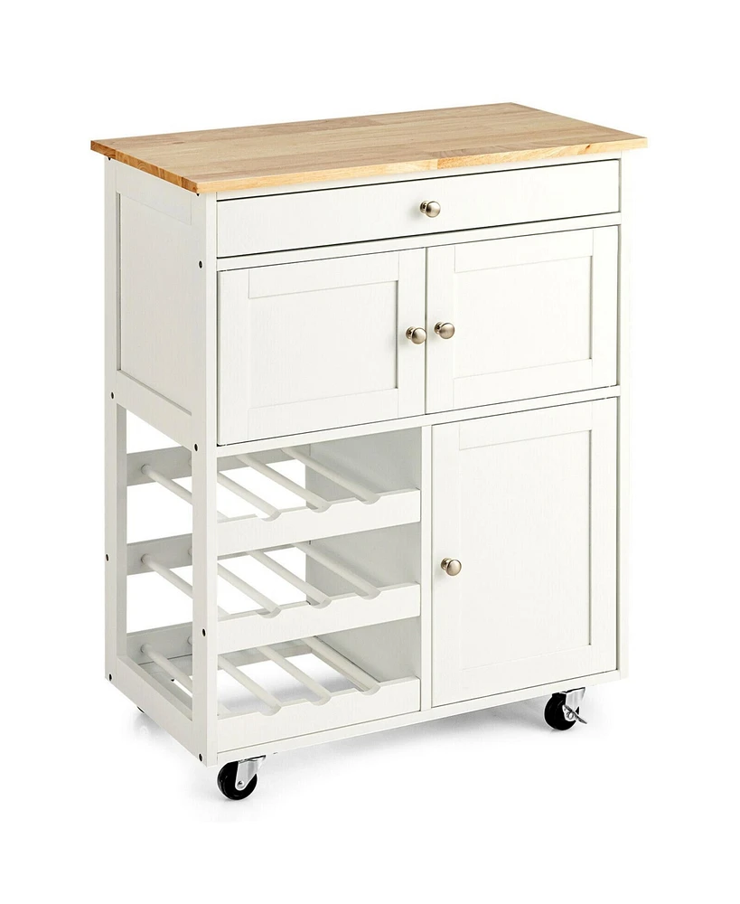 Slickblue Kitchen Cart with Rubber Wood Top 3 Tier Wine Racks 2 Cabinets-White