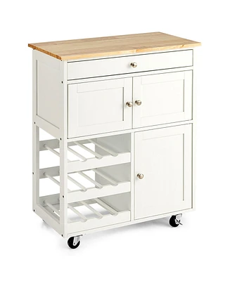 Slickblue Kitchen Cart with Rubber Wood Top 3 Tier Wine Racks 2 Cabinets-White