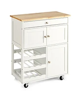 Slickblue Kitchen Cart with Rubber Wood Top 3 Tier Wine Racks 2 Cabinets-White