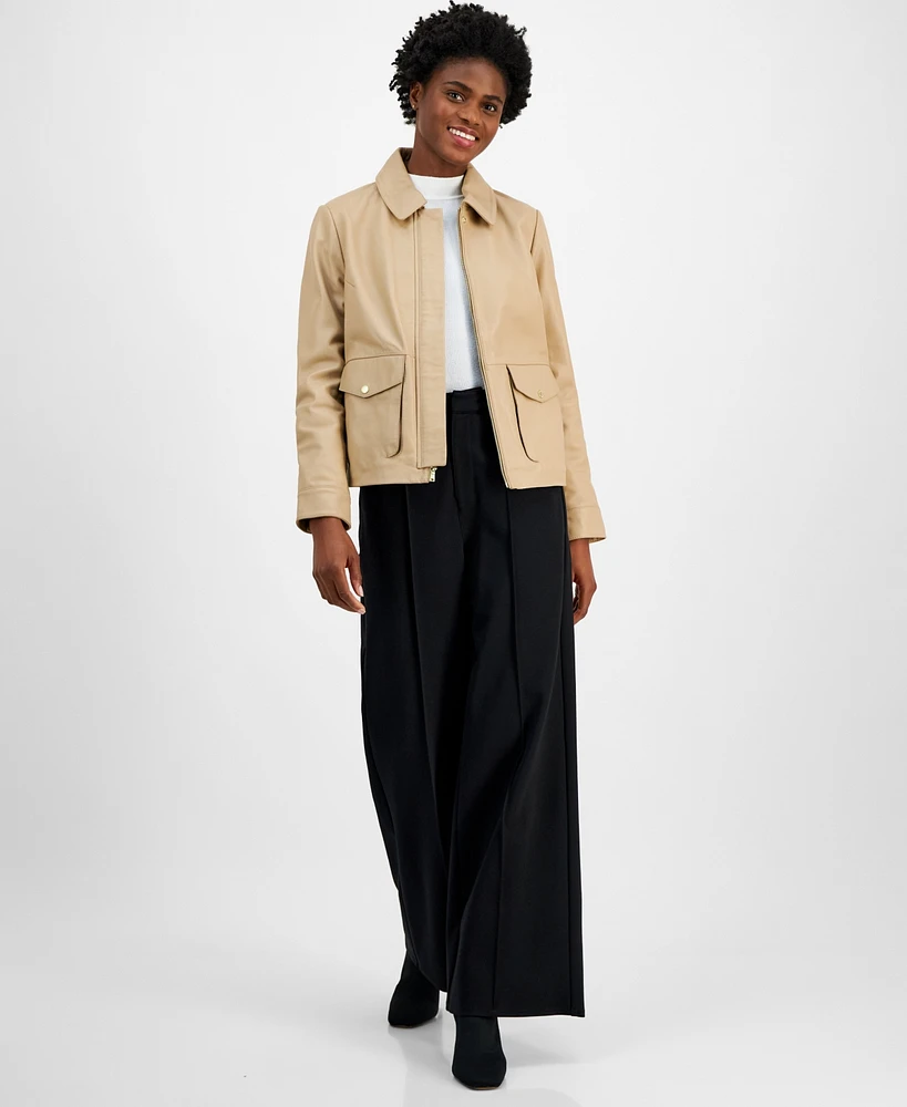 Cole Haan Women's Leather Zip-Front Collared Coat