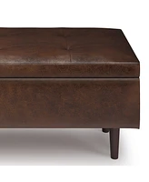 Simpli Home Shay Mid Century Rectangular Storage Ottoman in Distressed Chestnut Brown Pu Leather