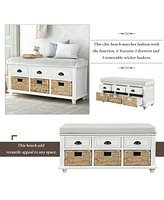Rustic Storage Bench With 3 Drawers And 3 Rattan Baskets, Shoe Bench For Living Room
