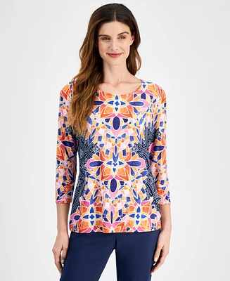 Jm Collection Women's Printed 3/4 Sleeve Jacquard Top, Created for Macy's