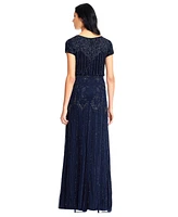 Adrianna Papell Women's Beaded Short-Sleeve Sheer-Overlay Gown