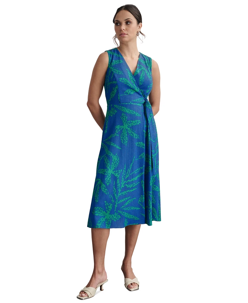 Dkny Petite Palm-Print Textured Wrap Midi Dress