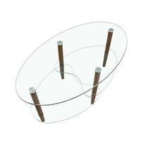 Modern Oval Glass Coffee Table with Oak Wood Legs