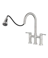 Streamdale Furniture Double Handle Bridge Kitchen Faucet With Pull-Down Spray Head