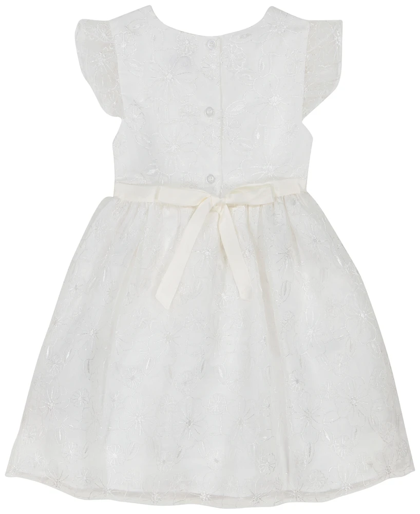 Blueberi Boulevard Baby Girls White Embroidered Flutter Sleeve Fit-and-Flare Dress