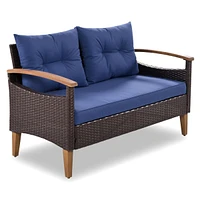 4-Piece Garden Furniture, Patio Seating Set, Pe Rattan Outdoor Sofa Set, Wood Table And Legs