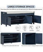 Storage Bench With 3 Shutter-Shaped Doors With Removable Cushion And Storage Space