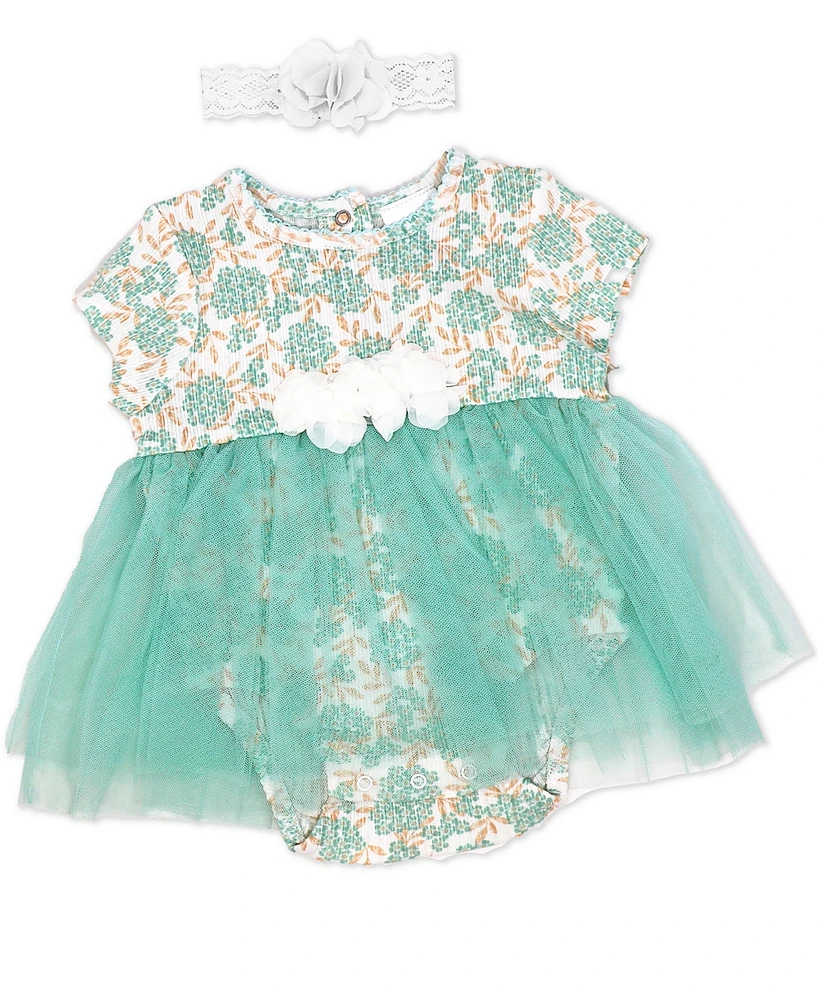 Baby Mode Girls 2 Piece Aqua Floral Romper with Tulle Over Skirt and Matching Headband