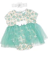 Baby Mode Girls 2 Piece Aqua Floral Romper with Tulle Over Skirt and Matching Headband