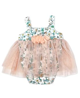 Baby Mode Girls 2 Piece Peach Floral Romper with Tulle Over Skirt and Matching Headband