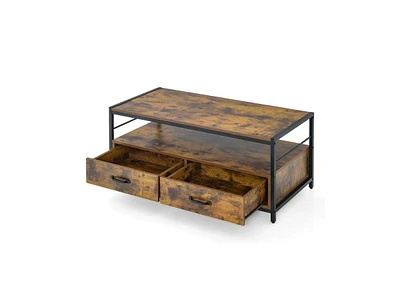 Slickblue Coffee Table with 2 Drawers and Open Shelf for Living Room-Rustic Brown