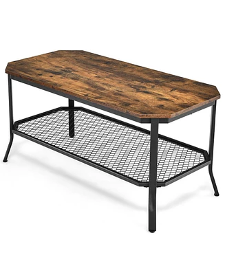 Slickblue 2-Tier Industrial Coffee Table with Open Mesh Storage Shelf for Living Room-Rustic Brown
