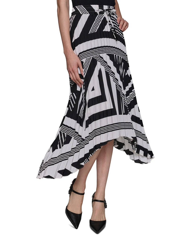 Karl Lagerfeld Paris Women's Printed Pleated Pull-On Asymmetrical-Hem Midi Skirt