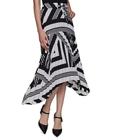 Karl Lagerfeld Paris Women's Printed Pleated Pull-On Asymmetrical-Hem Midi Skirt