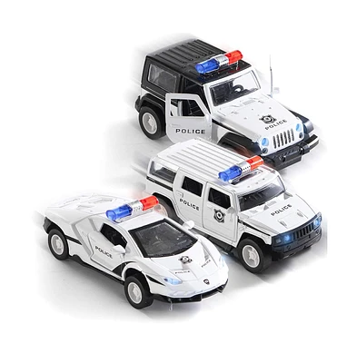 Top Race Metal Diecast Police Cars with Pull Back and Battery Power, Led Headlights, Truck and Sirens