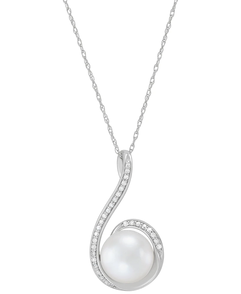 Honora Cultured Freshwater Pearl (9mm) & Diamond (1/10 ct. t.w.) Swirl 18" Pendant Necklace in 14k White Gold