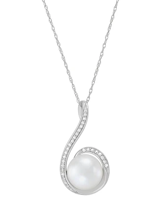 Honora Cultured Freshwater Pearl (9mm) & Diamond (1/10 ct. t.w.) Swirl 18" Pendant Necklace in 14k White Gold