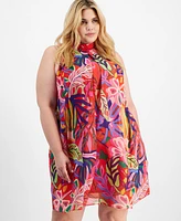 Robbie Bee Plus Tropical-Print Mock Neck Swing Dress