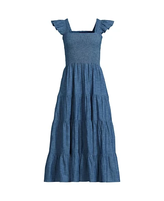 Lands' End Women's Chambray Smocked Dress with Ruffle Straps