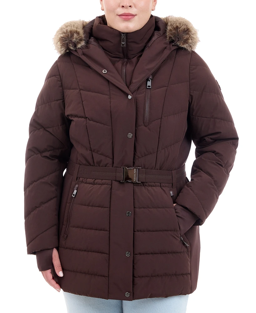 Michael Kors Plus Belted Faux-Fur-Trim Hooded Puffer Coat