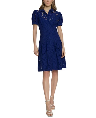 Maggy London Women's Floral-Lace Puff-Sleeve Shirtdress